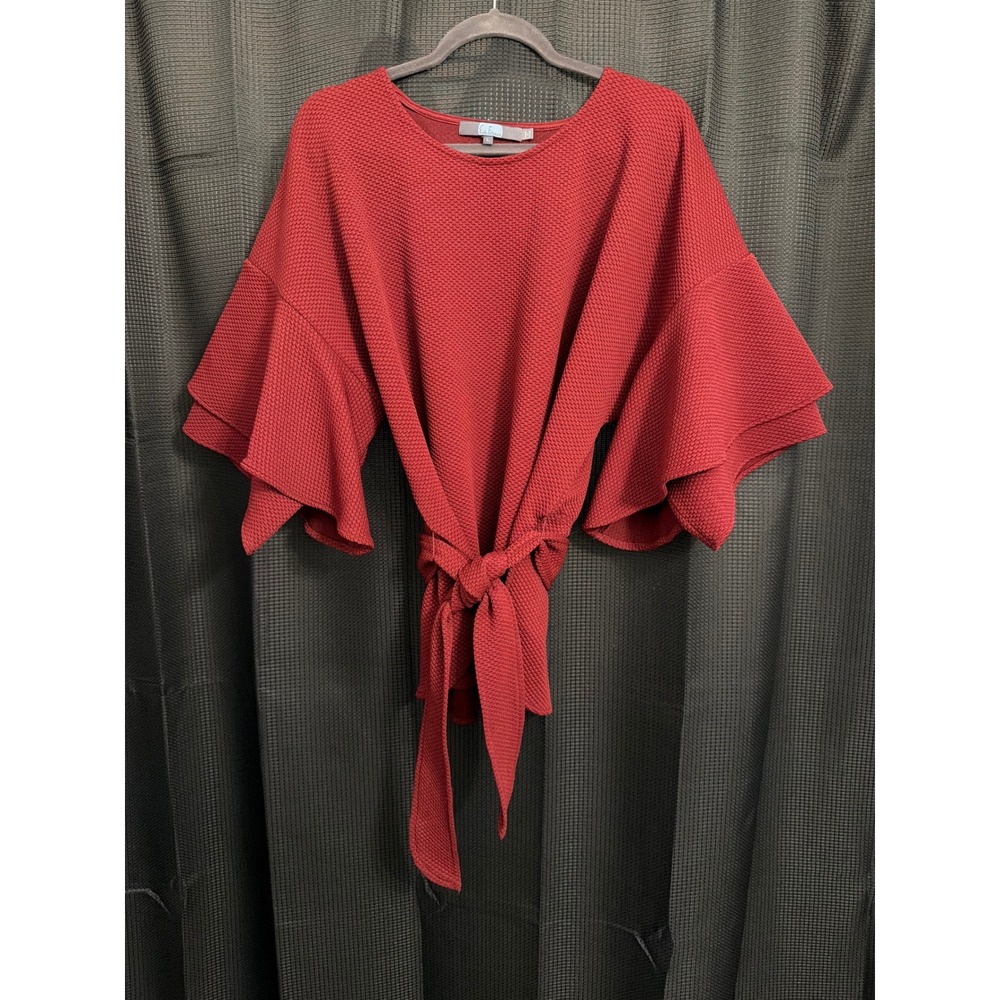 Eva Franco Burgundy Textured Knit Bell Sleeve Tie Waist Whimsical Blouse Top L